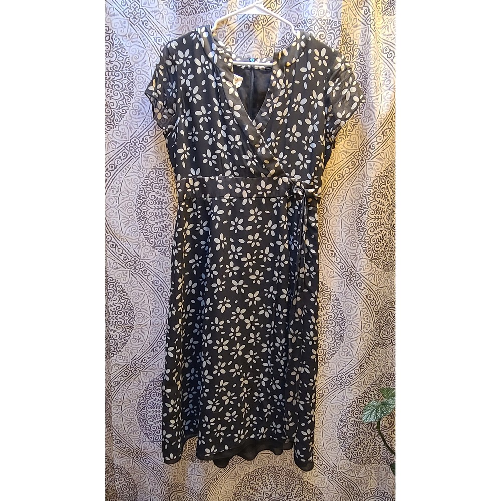 Talbots Petites Silk Wrap Look  Dress Womens 10P Brown Cream Floral Daisy SS